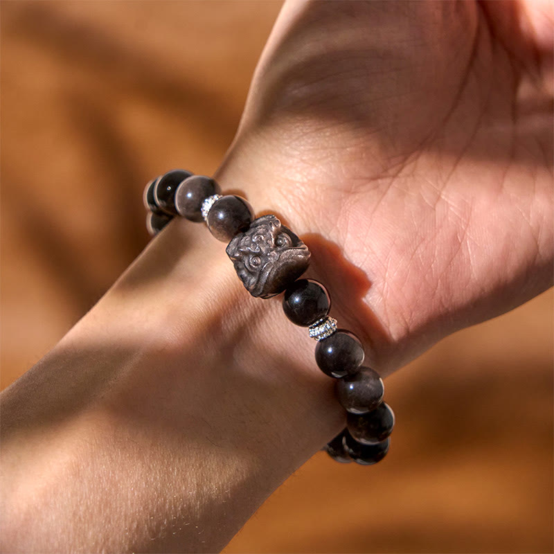 8mm Silver Sheen Obsidian Lion Dance Protection Bracelet