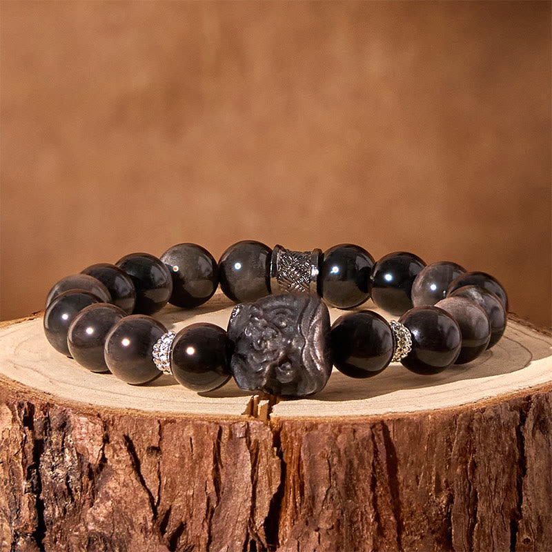 8mm Silver Sheen Obsidian Lion Dance Protection Bracelet