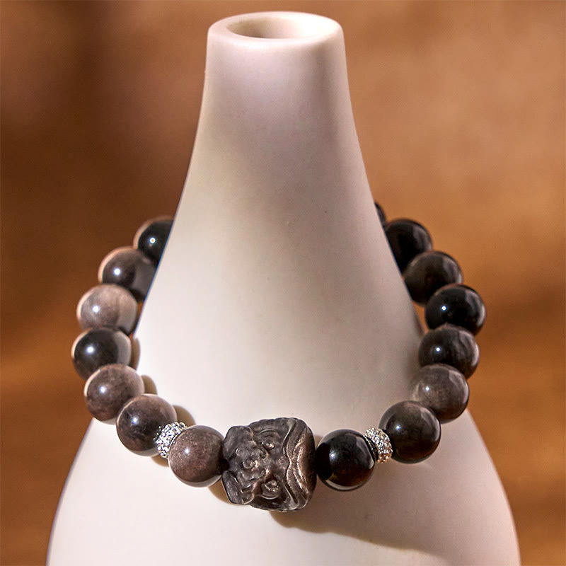 8mm Silver Sheen Obsidian Lion Dance Protection Bracelet