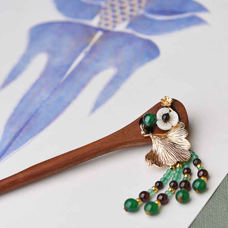 Épingle à cheveux de protection en bois de santal rouge et agate verte de 17 cm