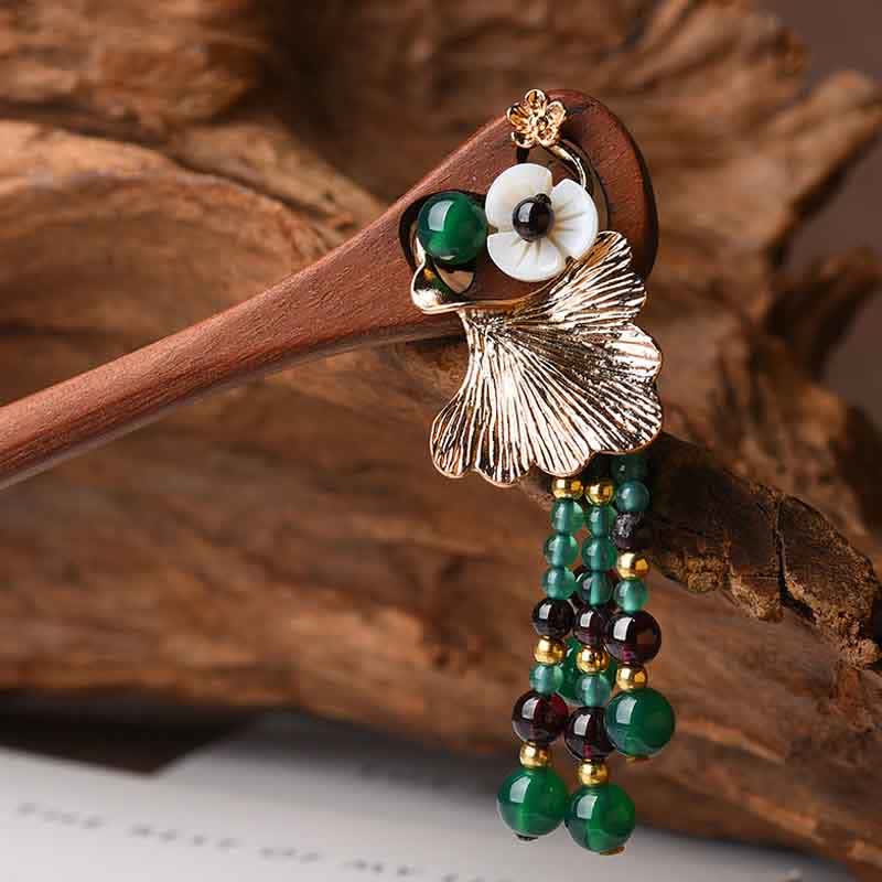 Épingle à cheveux de protection en bois de santal rouge et agate verte de 17 cm