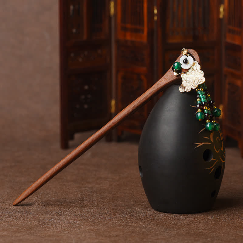 Épingle à cheveux de protection en bois de santal rouge et agate verte de 17 cm