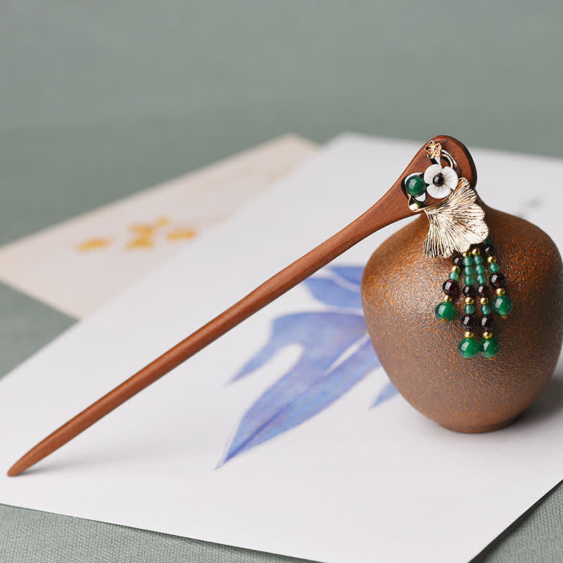 Épingle à cheveux de protection en bois de santal rouge et agate verte de 17 cm