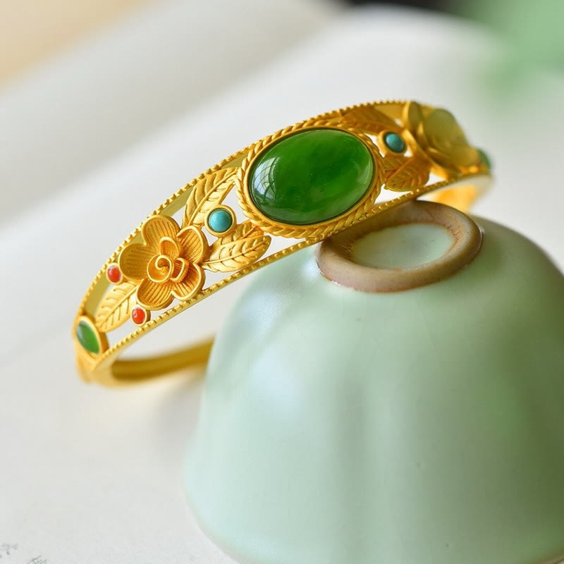 Harmony Luck Jade Bracelet with Flower Leaf Design