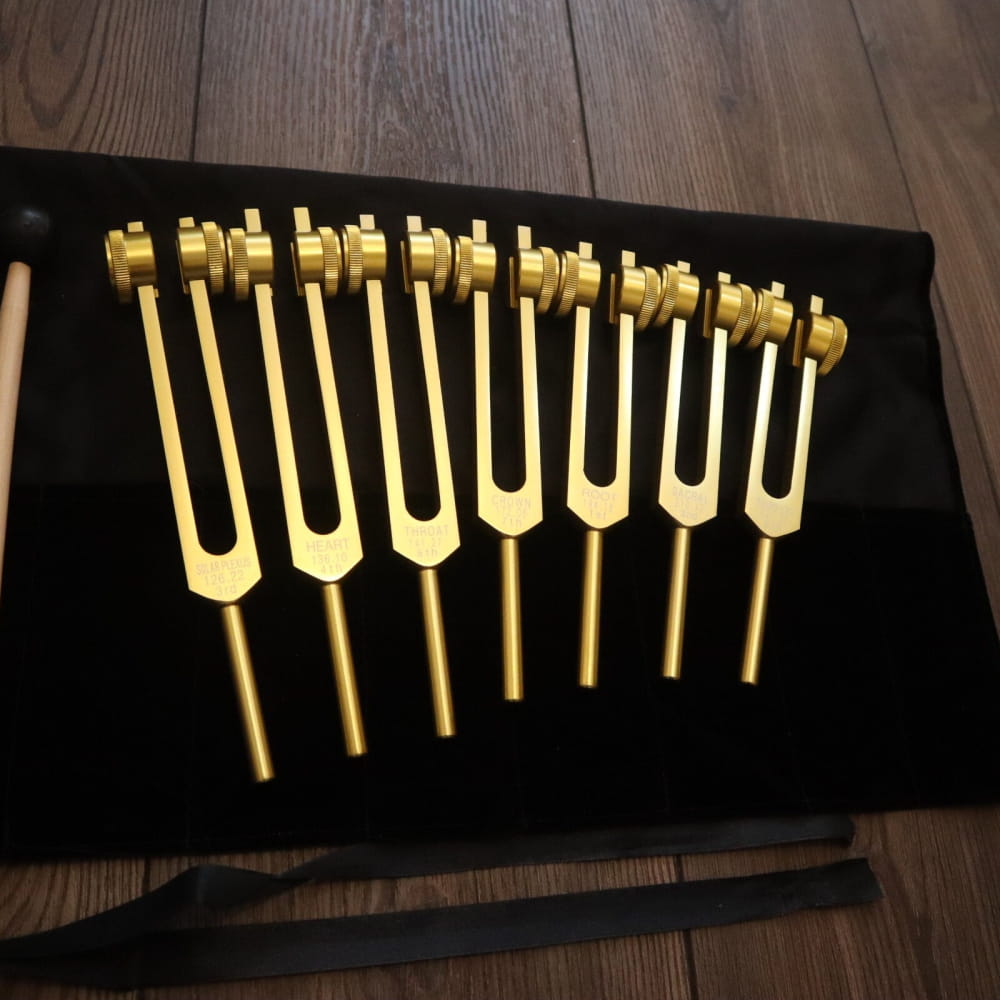 17pc Solfeggio & Chakra Tuning Fork Set Gold 2 Bags - On sale