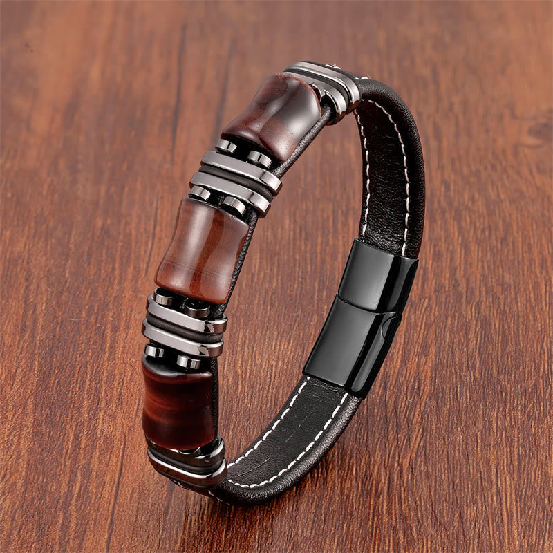 Bracelet de protection en cuir œil de tigre avec pierres de bambou (18-22 cm)