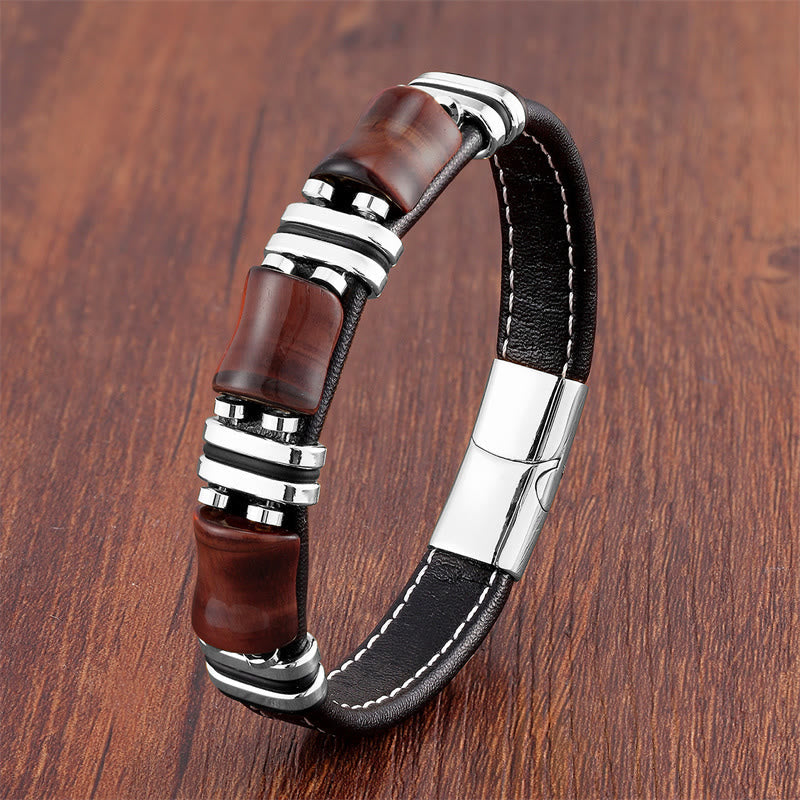 Bracelet de protection en cuir œil de tigre avec pierres de bambou (18-22 cm)