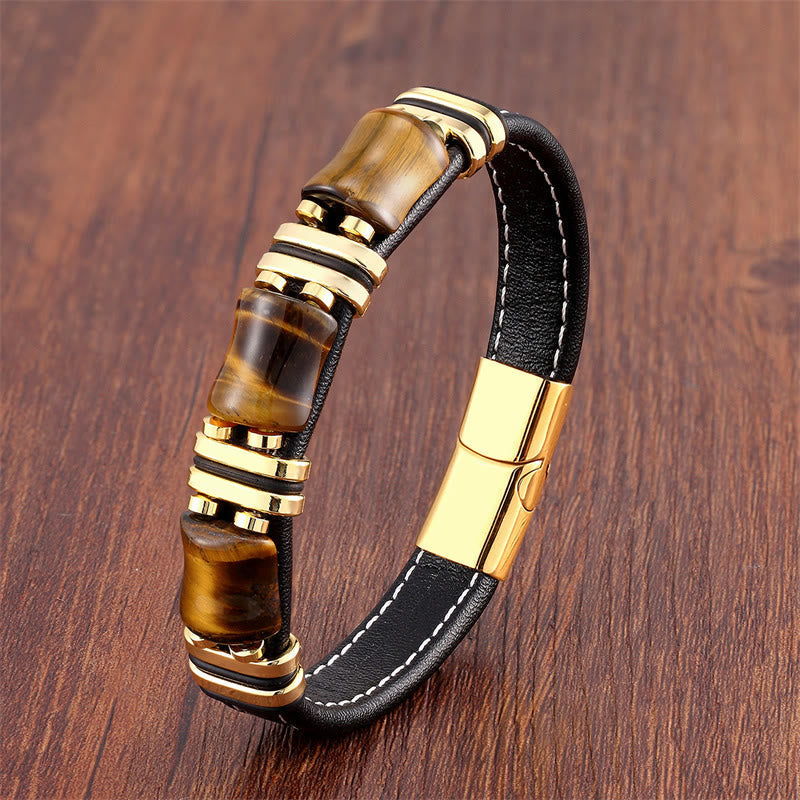 Bracelet de protection en cuir œil de tigre avec pierres de bambou (18-22 cm)