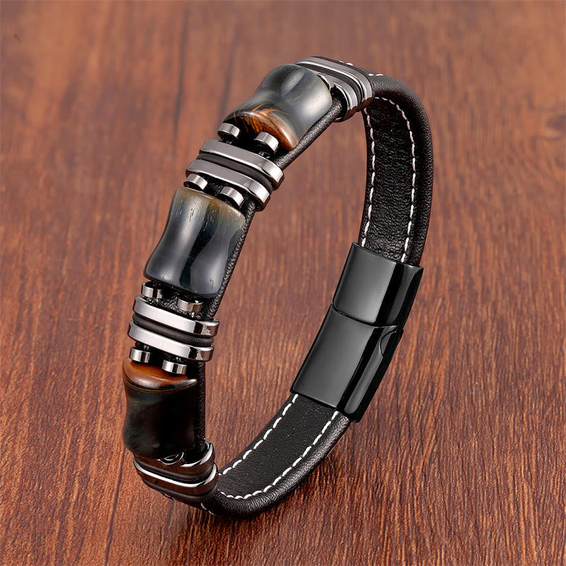 Bracelet de protection en cuir œil de tigre avec pierres de bambou (18-22 cm)