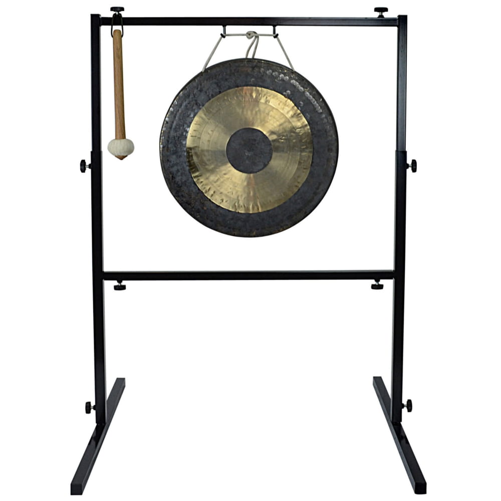 18-inch Chau Gong on black metal stand with mallet, showcasing traditional craftsmanship