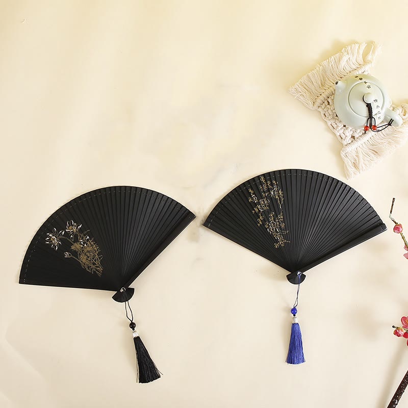 Éventail pliable en bambou de 18 cm avec motif hibiscus et fleur de prunier
