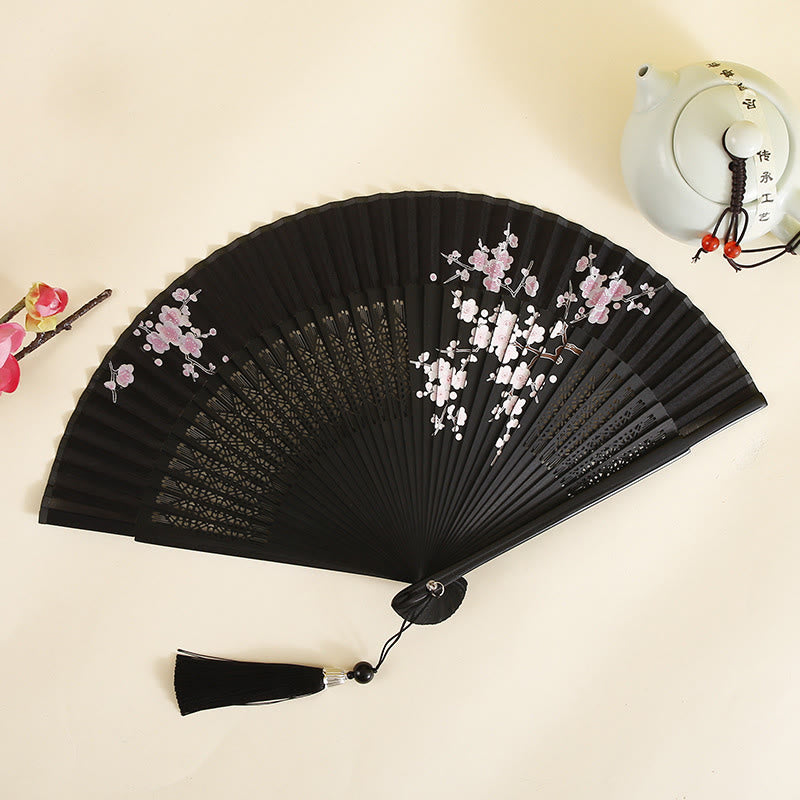 Éventail pliable en bambou de 18 cm avec motif hibiscus et fleur de prunier