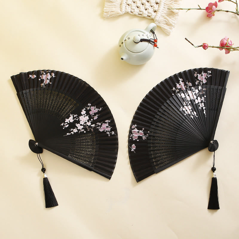 Éventail pliable en bambou de 18 cm avec motif hibiscus et fleur de prunier