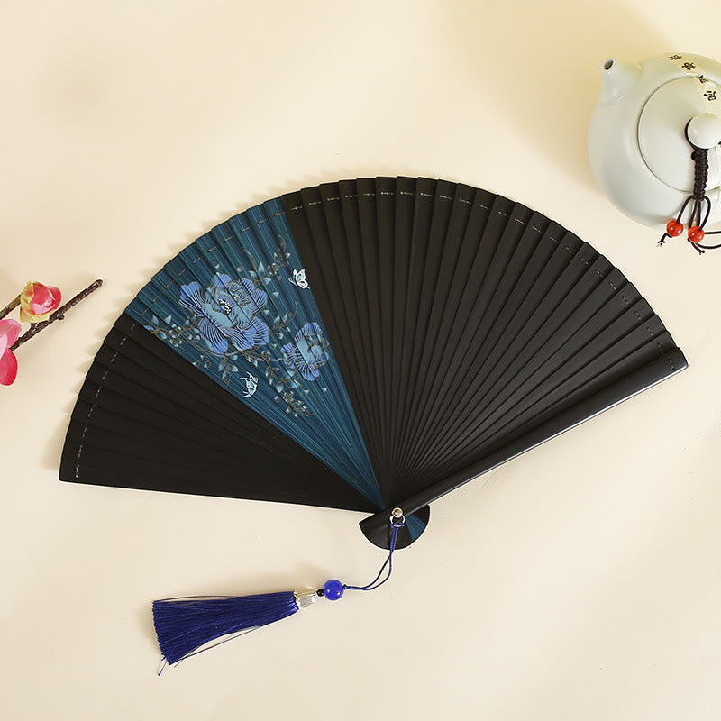 Éventail pliable en bambou de 18 cm avec motif hibiscus et fleur de prunier