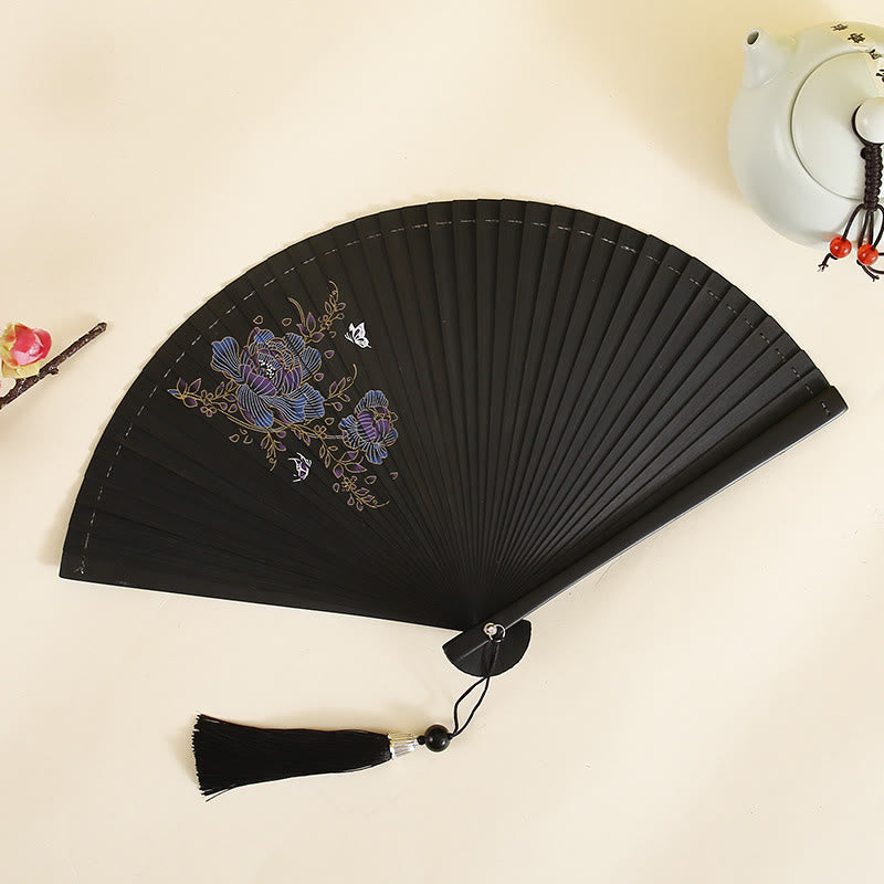 Éventail pliable en bambou de 18 cm avec motif hibiscus et fleur de prunier