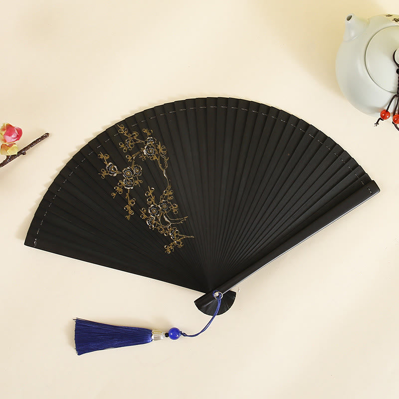 Éventail pliable en bambou de 18 cm avec motif hibiscus et fleur de prunier