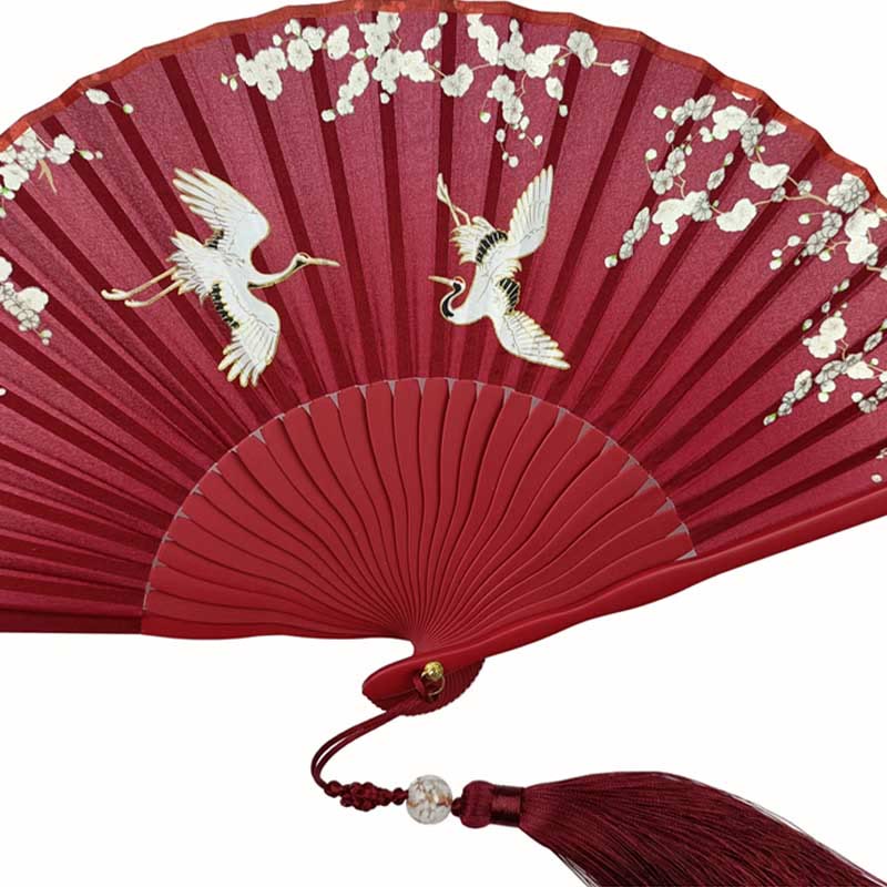 Éventail chinois pliable en soie, motif grue et fleur de prunier, 18 cm