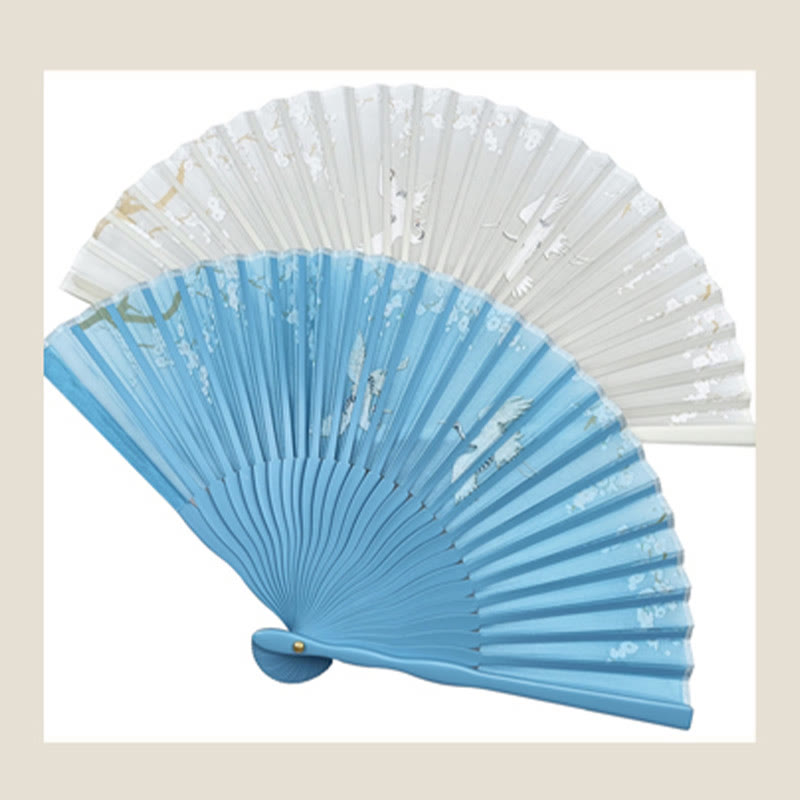 Éventail chinois pliable en soie, motif grue et fleur de prunier, 18 cm