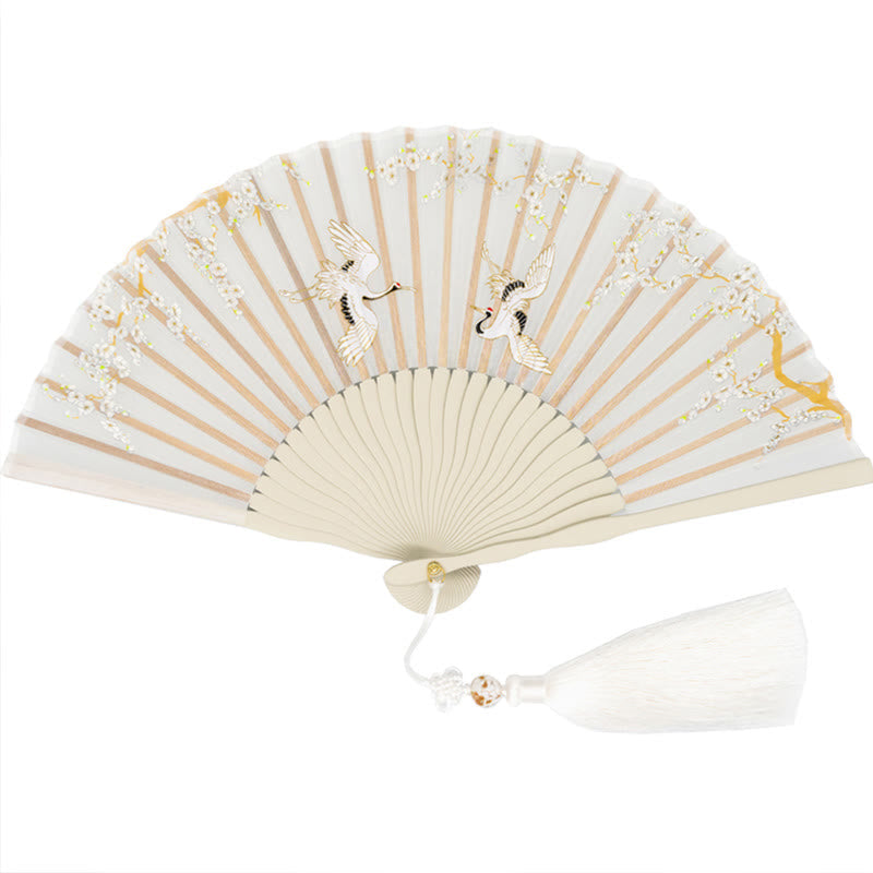 Éventail chinois pliable en soie, motif grue et fleur de prunier, 18 cm
