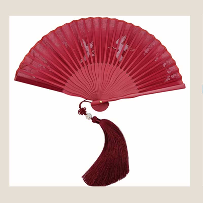 Éventail chinois pliable en soie, motif grue et fleur de prunier, 18 cm