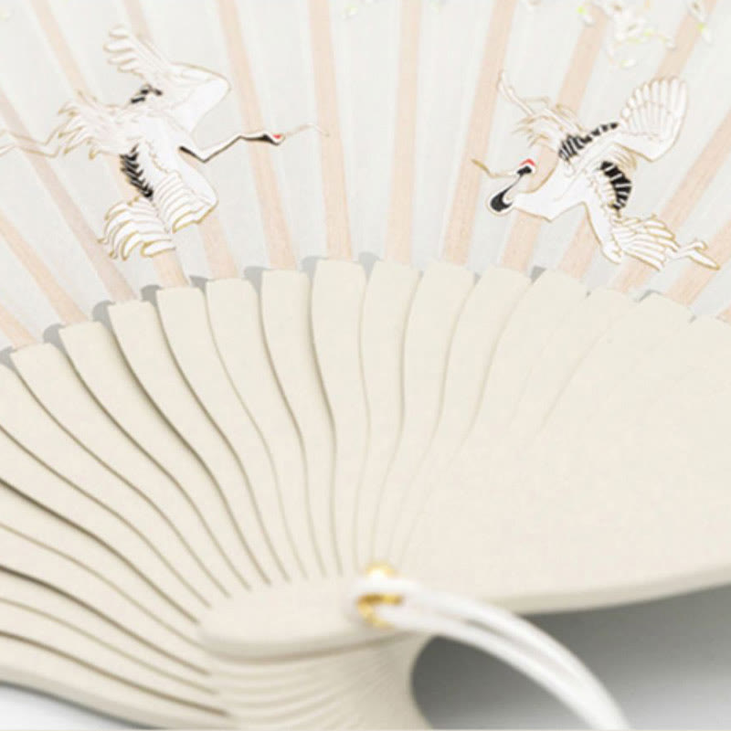 Éventail chinois pliable en soie, motif grue et fleur de prunier, 18 cm
