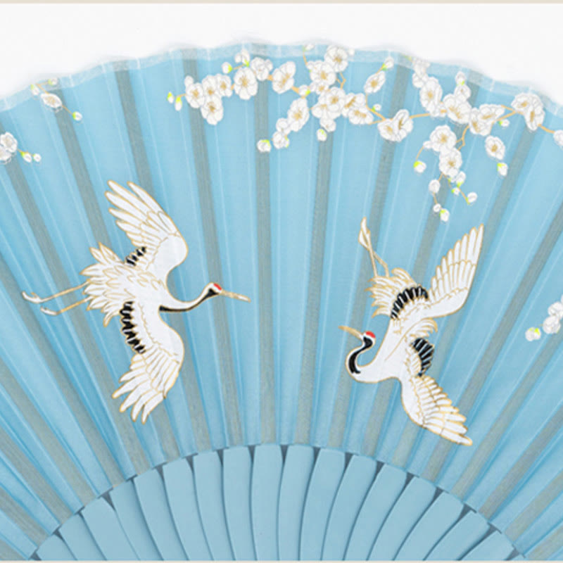 Éventail chinois pliable en soie, motif grue et fleur de prunier, 18 cm