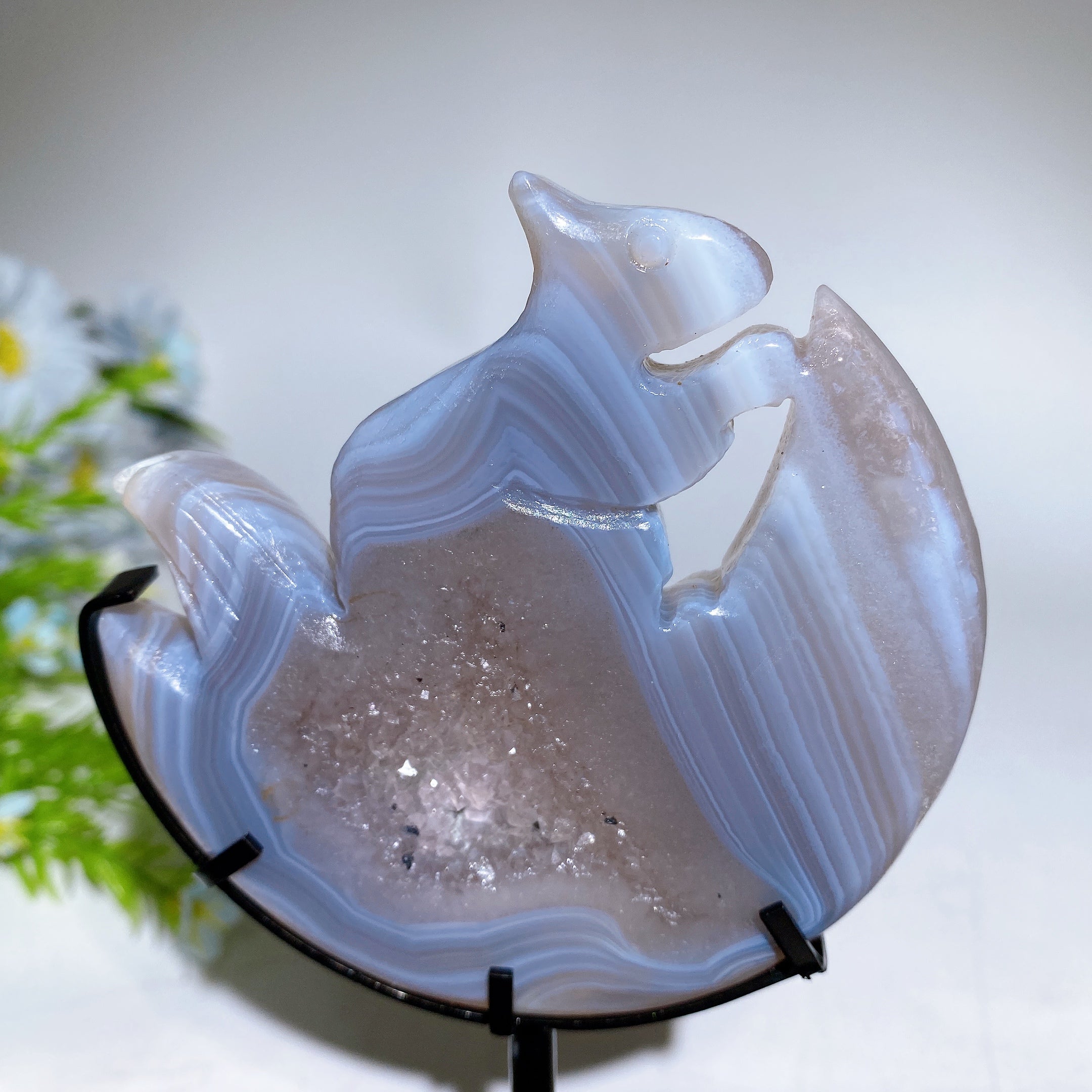 18cm Rainbow Fluorite Squirrel on Moon Crystal Carving