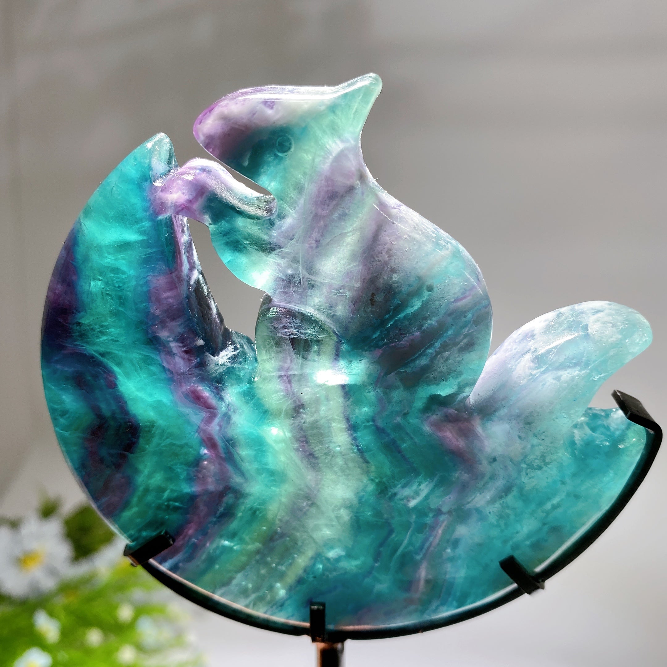 18cm Rainbow Fluorite Squirrel on Moon Crystal Carving