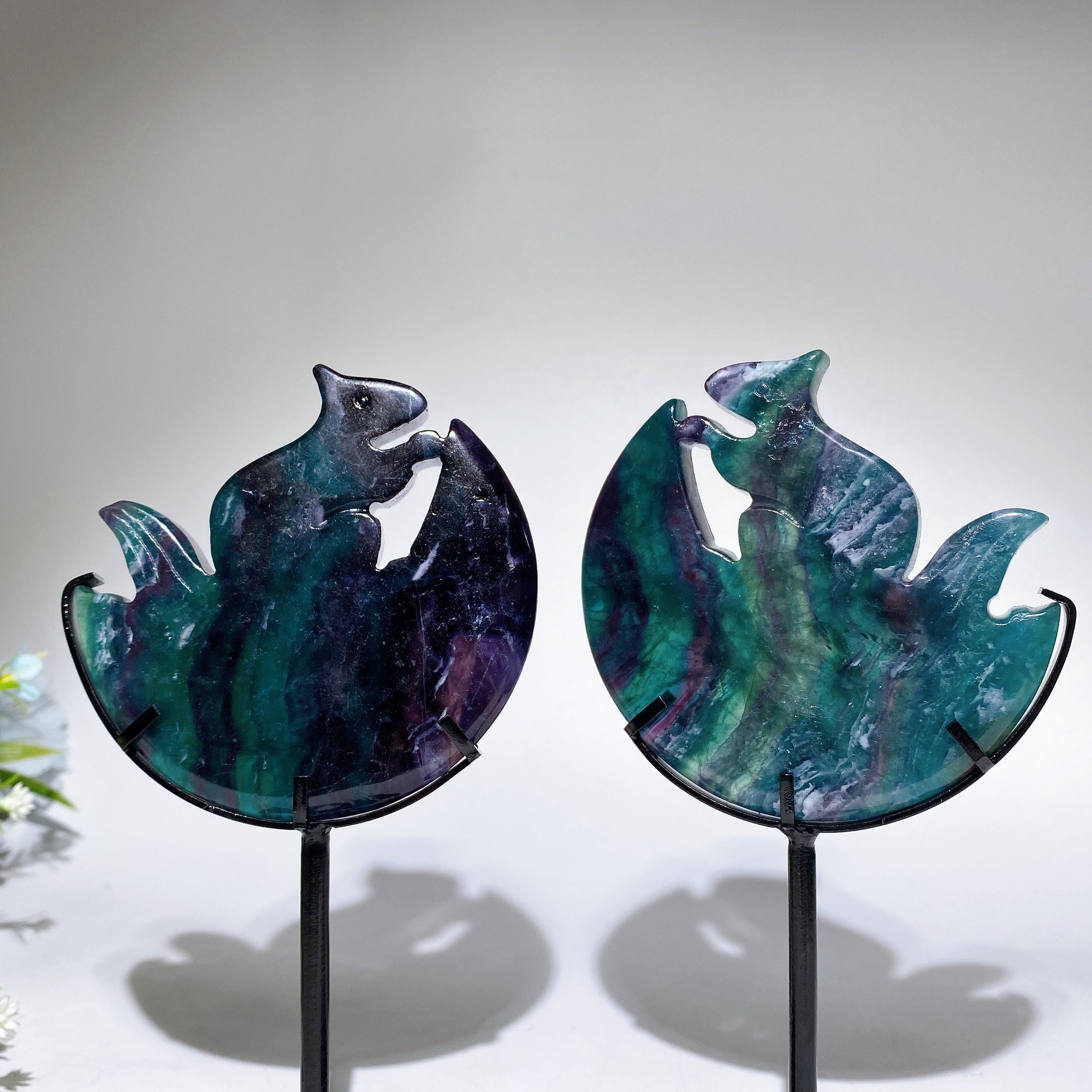 18cm Rainbow Fluorite Squirrel on Moon Crystal Carving