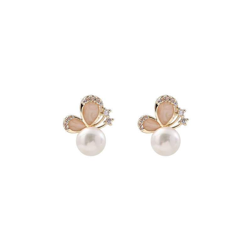 Boucles d'oreilles à tige papillon en or 18 carats avec perles et amour et liberté