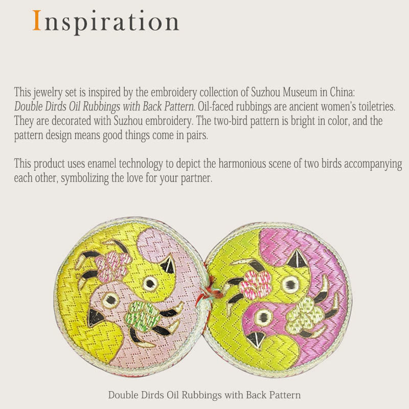 Parure de bijoux en cuivre plaqué or 18 carats avec deux oiseaux et zircons