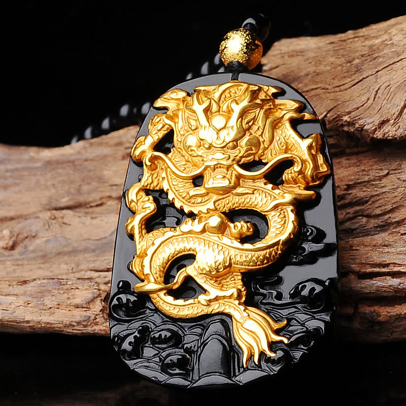 Collier pendentif dragon en obsidienne plaqué or 18 carats 52 cm