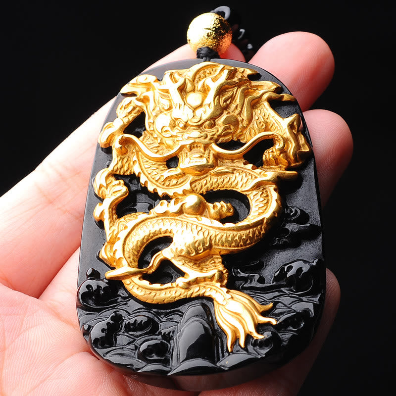 Collier pendentif dragon en obsidienne plaqué or 18 carats 52 cm