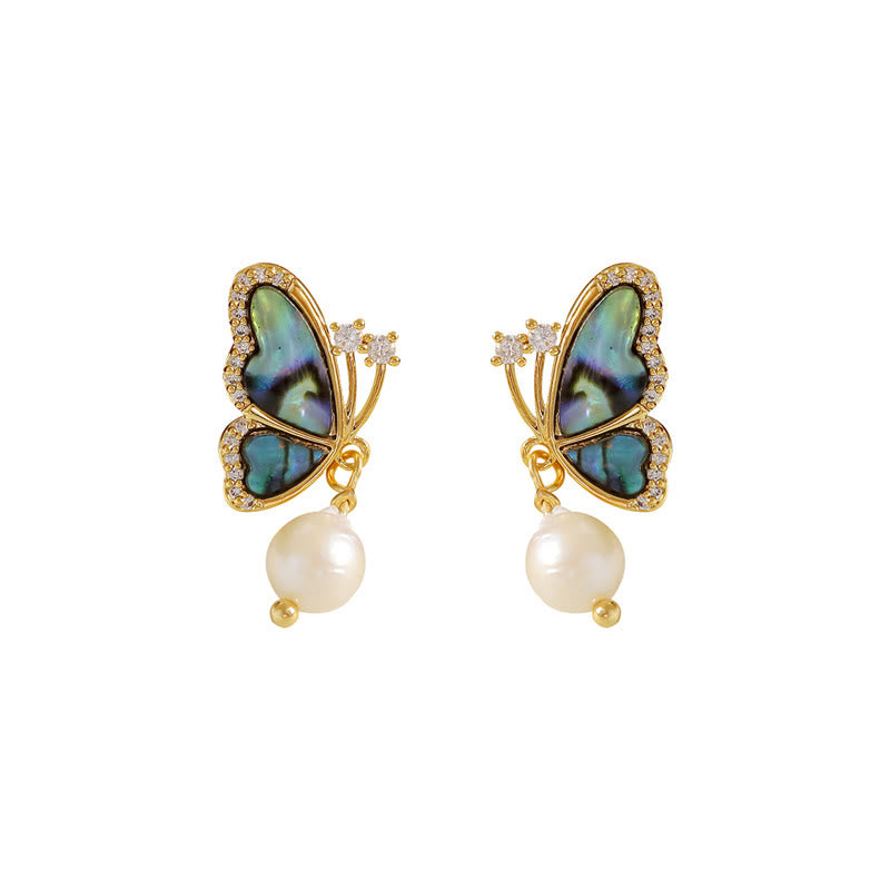 Boucles d'oreilles à tige en forme de papillon et de perles plaquées or 18 carats