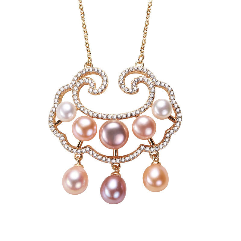 Collier de perles plaqué or 18 carats avec breloque cadenas chinois pour la sincérité