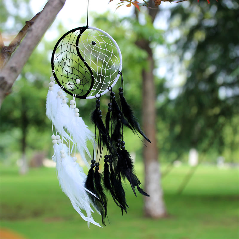 Yin Yang Dream Catcher with Feathers | Balance Wall Art