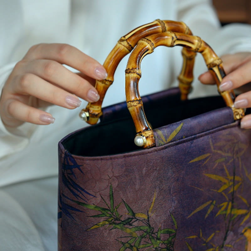 Purple Magpie Birds Bamboo Handle Handbag 23cm