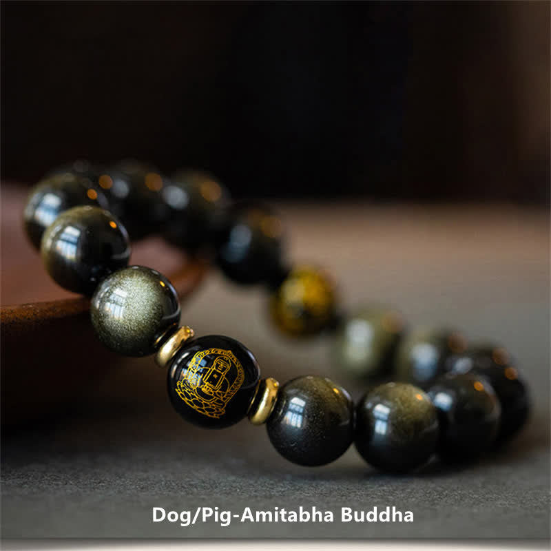 Bracelet de protection du zodiaque chinois en obsidienne dorée brillante 12 mm