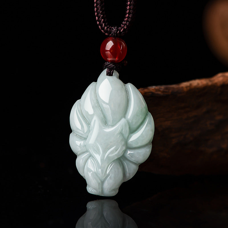 Natural Jade Nine Tailed Fox Prosperity Necklace Pendant