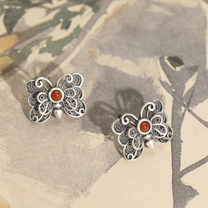 Red Agate Butterfly Ring & Earrings Set for Self-Acceptance