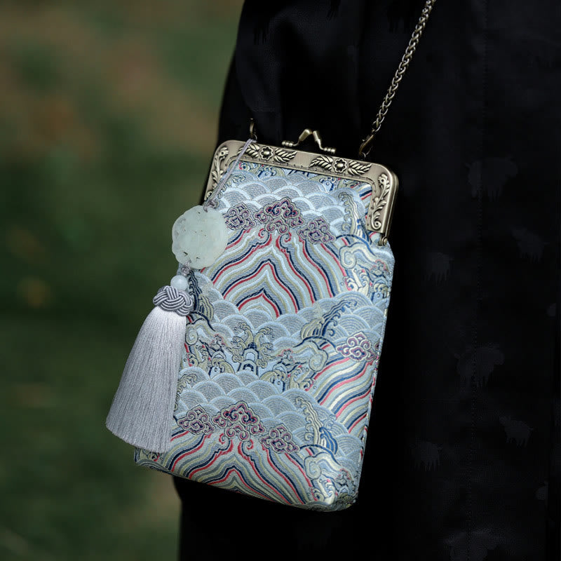 Small Blue Ocean Waves Crossbody Bag With Metal Chain