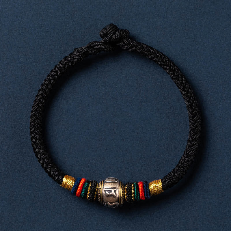 925 Sterling Silver Om Mani Padme Hum Braided Bracelet with King Kong Knot for Luck and Protection