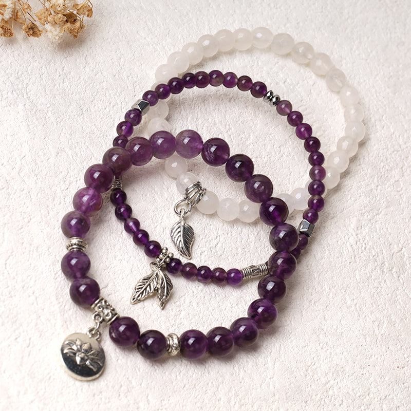 Amethyst Crystal Healing Bracelet with Lotus Symbol | 6-8mm Beads
