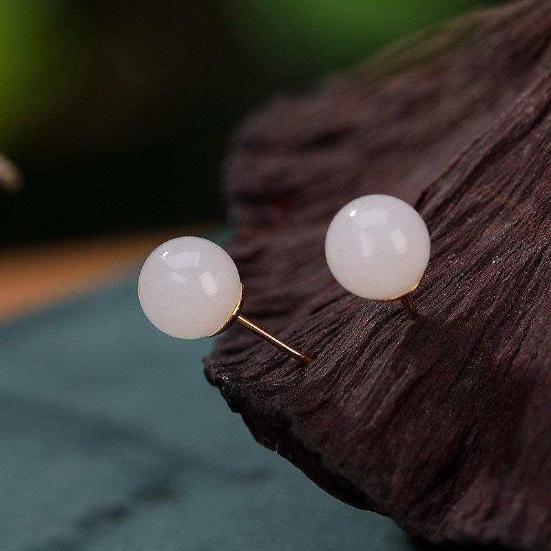 925 Sterling Silver White Jade Blessing Stud Earrings 6mm to 10mm