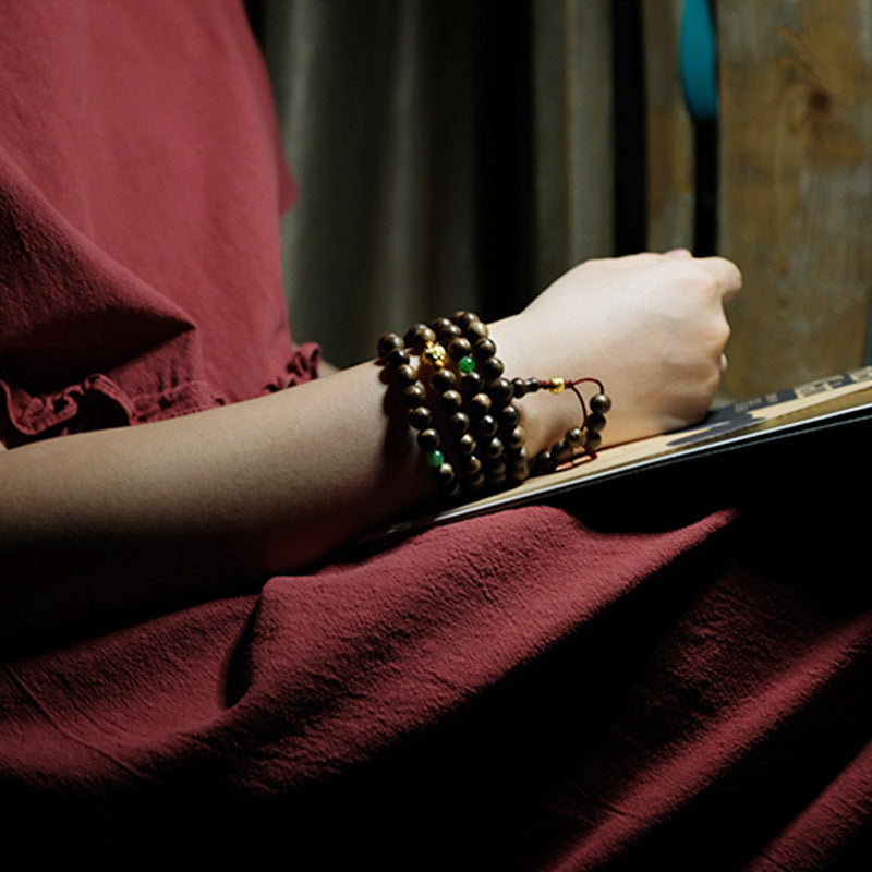 8mm Agarwood Cyan Jade 108 Bead Mala Bracelet for Strength