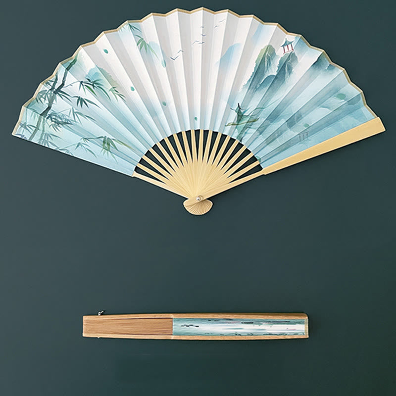 Vintage Lotus Folding Fan with Bamboo Frames for Artists