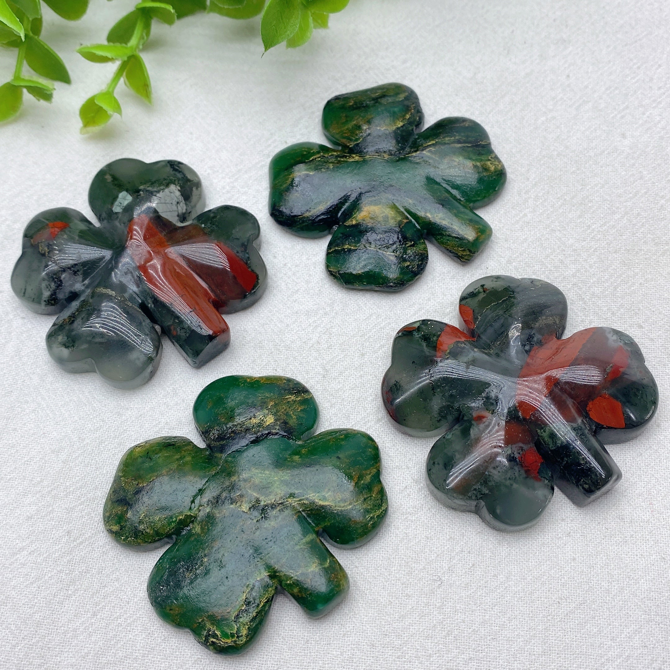 2.0 Inch Emerald Jade & Blood Stone Four-Leaf Clover Figurine