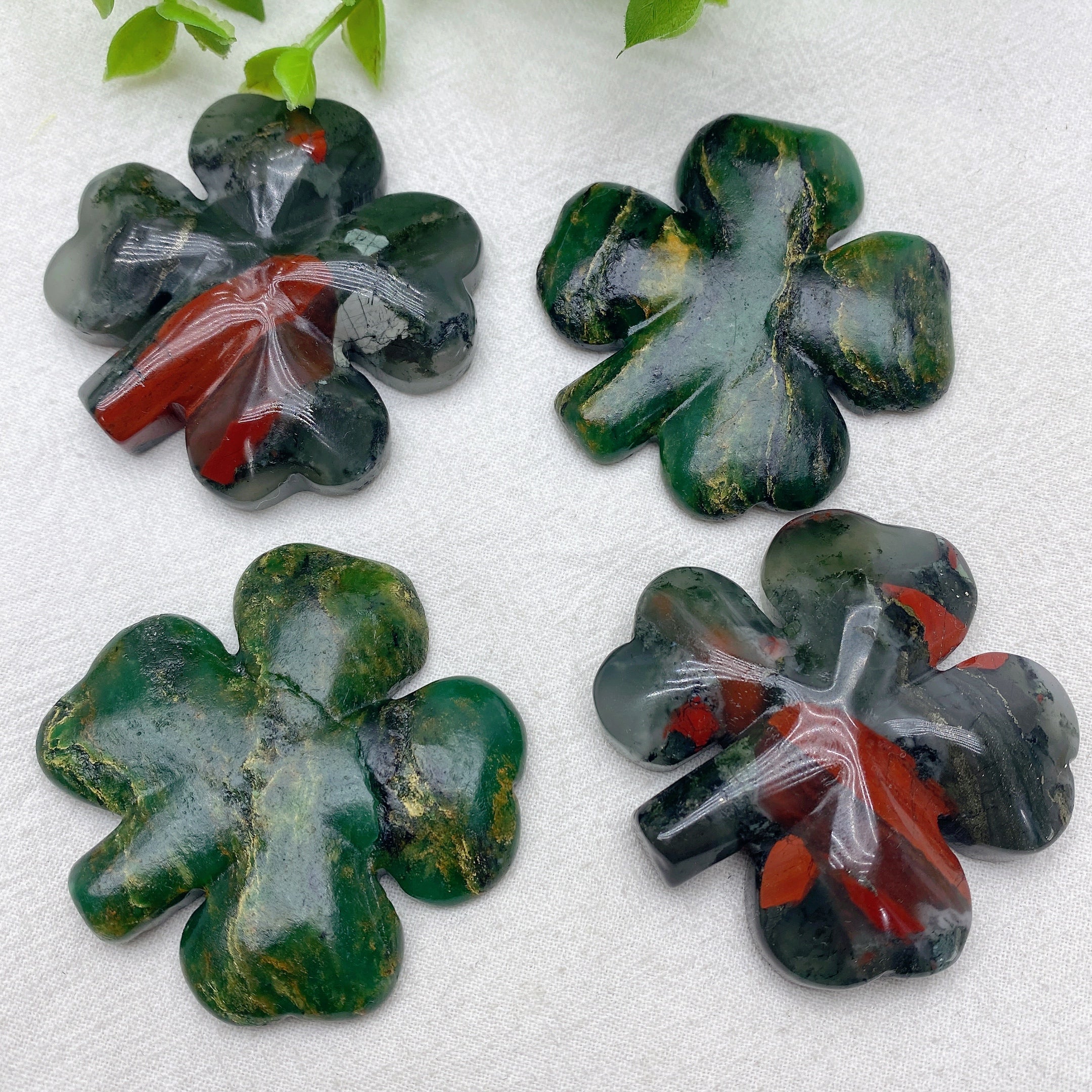 2.0 Inch Emerald Jade & Blood Stone Four-Leaf Clover Figurine