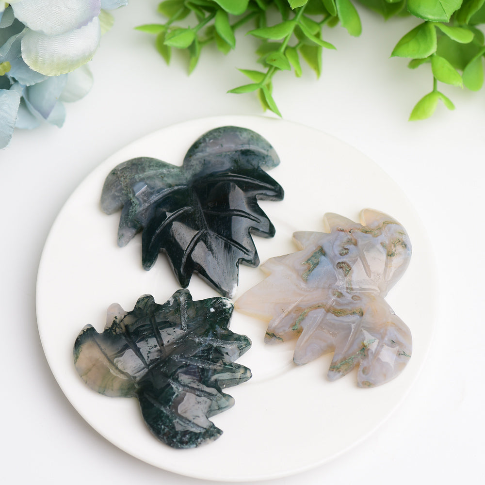 2.0" Moss Agate Maple Leaf Crystal Healing Carving