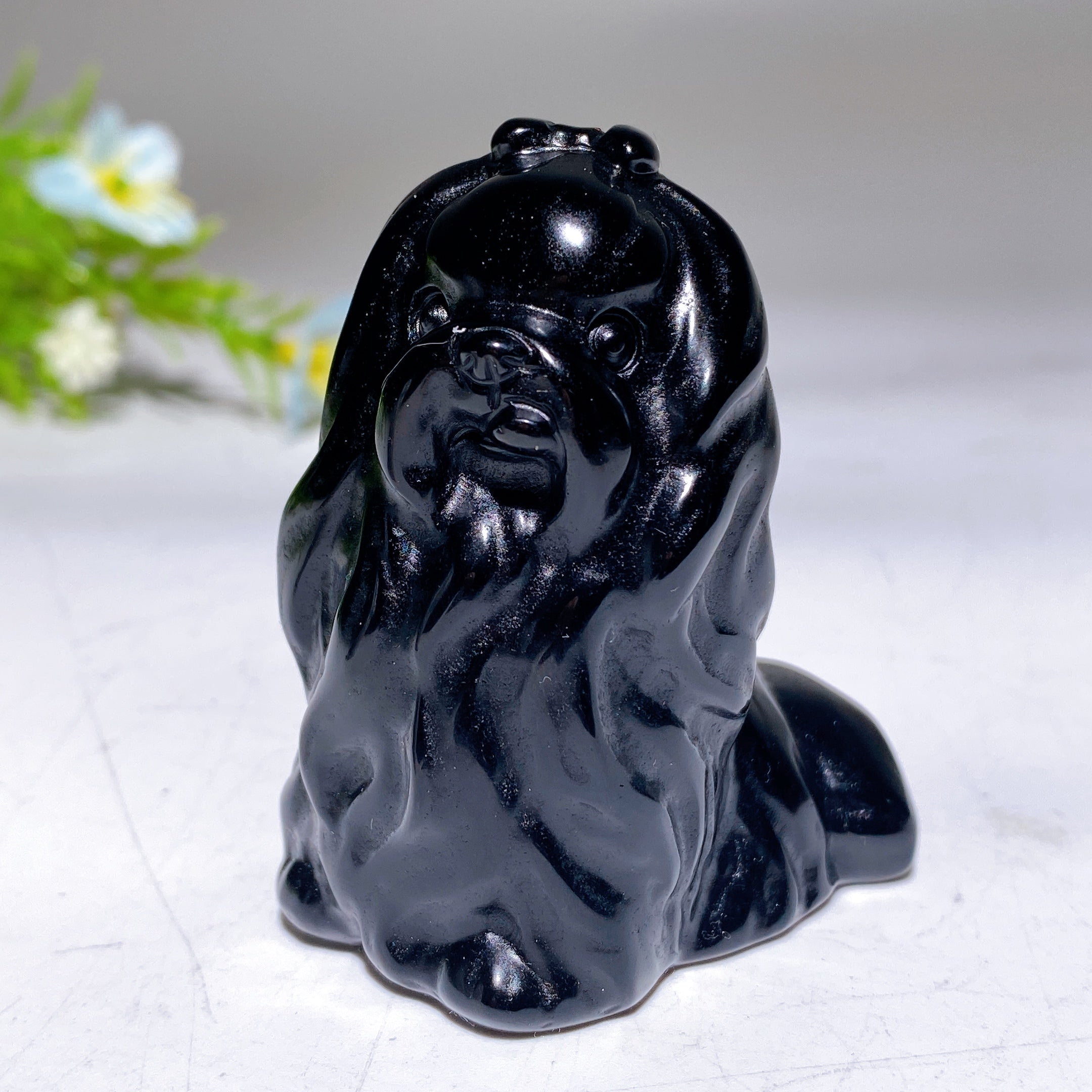 2.1" Howlite & Black Obsidian Healing Crystal Dog Figurines